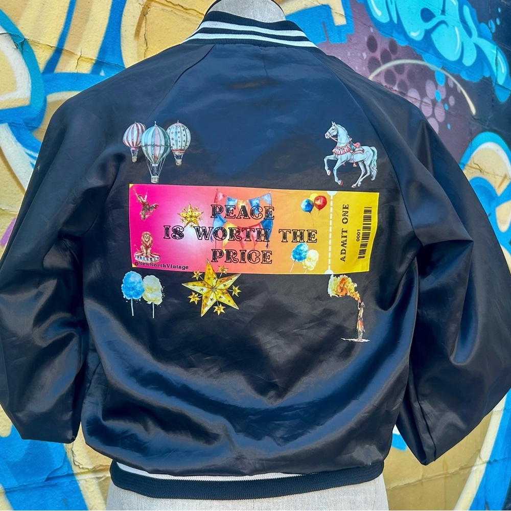 PEACE Is WORTH The PRICE Vintage Bomber Jacket size Small - Black | Handmade